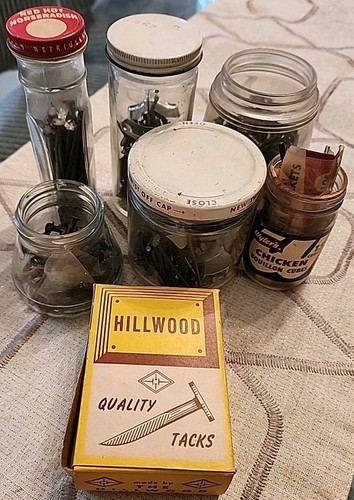 Vintage Lot Mixed Hardware ~ Nails ~ Tacks ~ Screws ~ Hooks ~ In Jars