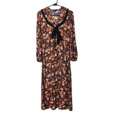 Nobody's Child Phoebe Tie Neck Orange Floral Midi Dress US 6 Retro Cottagecore