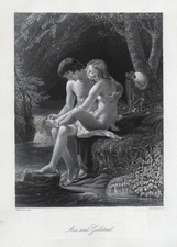 Erotica: Acis and Galatea. Original steel engraving by Hersent around 1850
