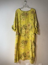Made In Italy 100% Linen Yellow Floral Dress Long Rolled Sleeves Pockets Overdid
