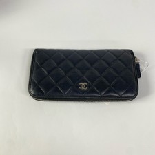 Chanel Black Diamond Quilted Lambskin Silver CC Zip Around Continental Wallet