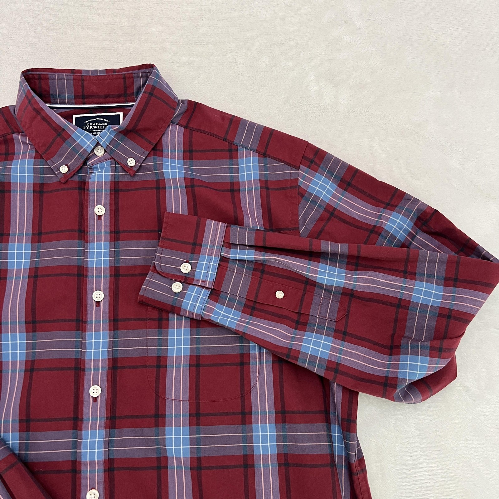 Charles Tyrwhitt Shirt Mens Large Red Blue Plaid Button Down Classic Fit Cotton