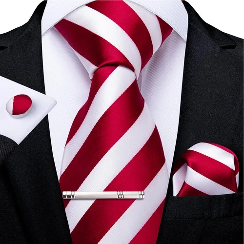 Red & White Striped Necktie Mens Tie & Hankie & Cufflinks & Tie Pin Set Gift