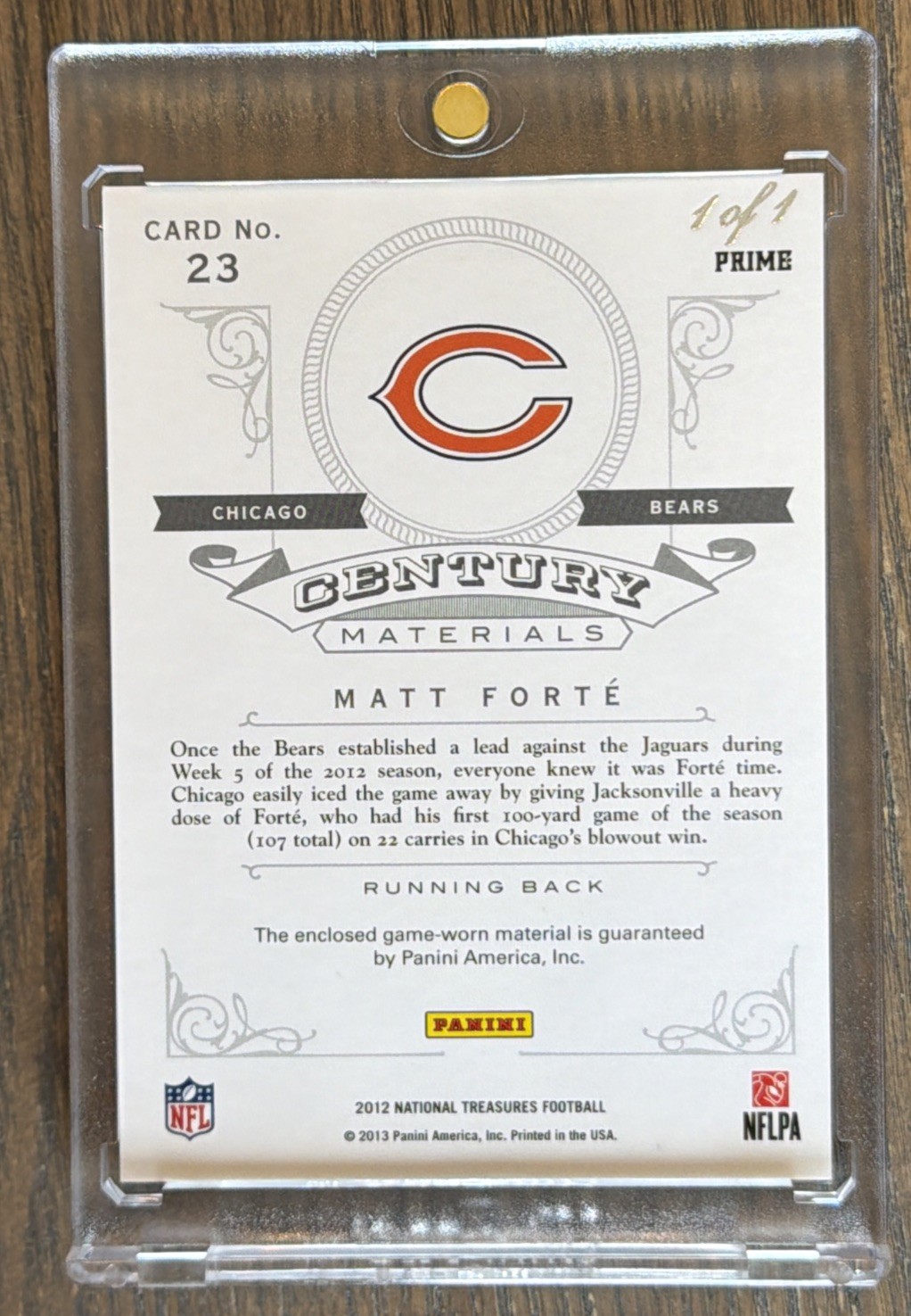 1/1 MATT FORTE Bears 2012 National Treasures Century Materials Laundry Tag view 4