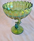 Vintage Indiana Glass Green Carnival Glass CANDY DISH / BOWL w/ Lotus Pedestal