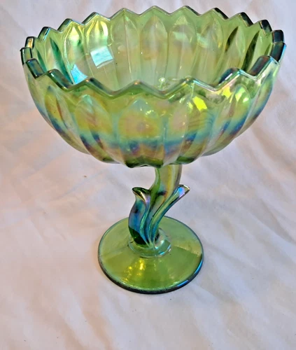 Vintage Indiana Glass Green Carnival Glass CANDY DISH / BOWL w/ Lotus Pedestal