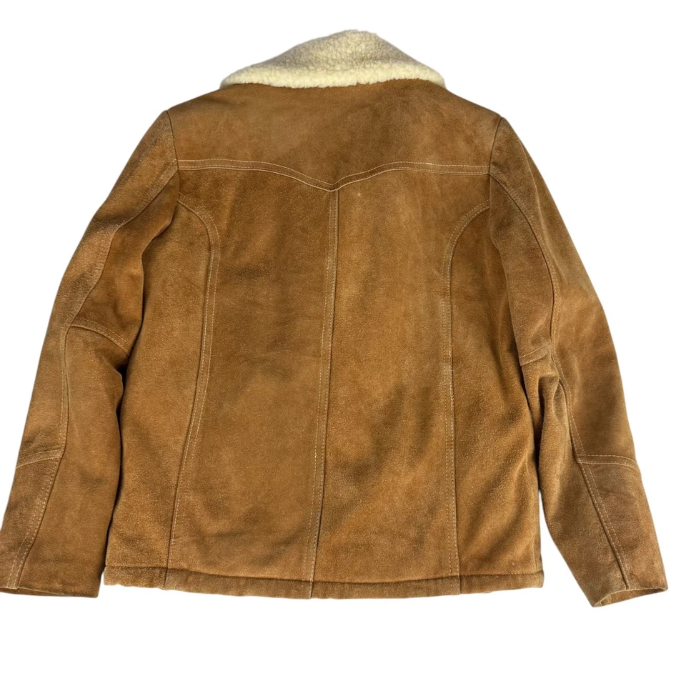 Jaqueta Vintage Montgomery Ward Masculina Camurça Couro de Vaca Sherpa Forrada Bronzeada Tamanho 42R Grande - Imagem 2 de 4