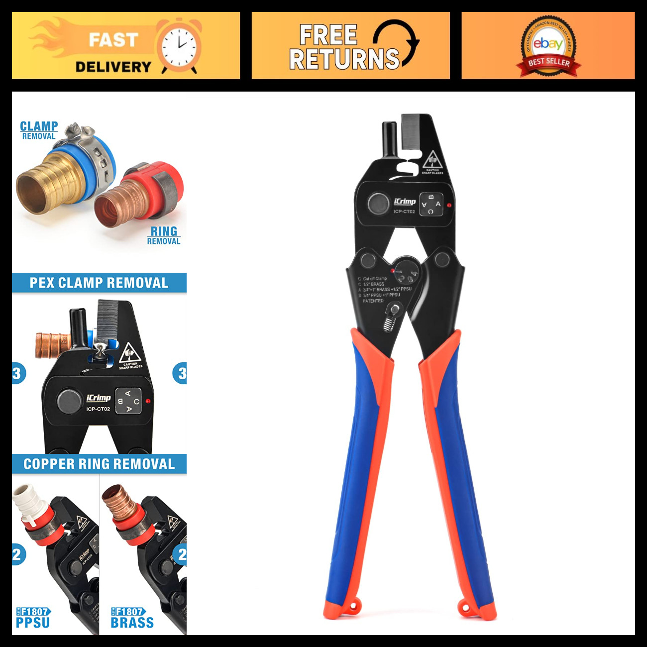 PEX Crimp Fitting Removal Tool for 1/2", 3/4", 1" Copper Rings & Cinch Clamps
