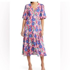 NWT Chelsea28 Floral Print Puff Sleeve Wrap Midi Dress Size XXS