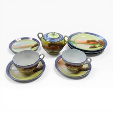 Vintage Made in Japan Lusterware Tea Set, Swan Scene, 10pc Cups Plates Sugar
