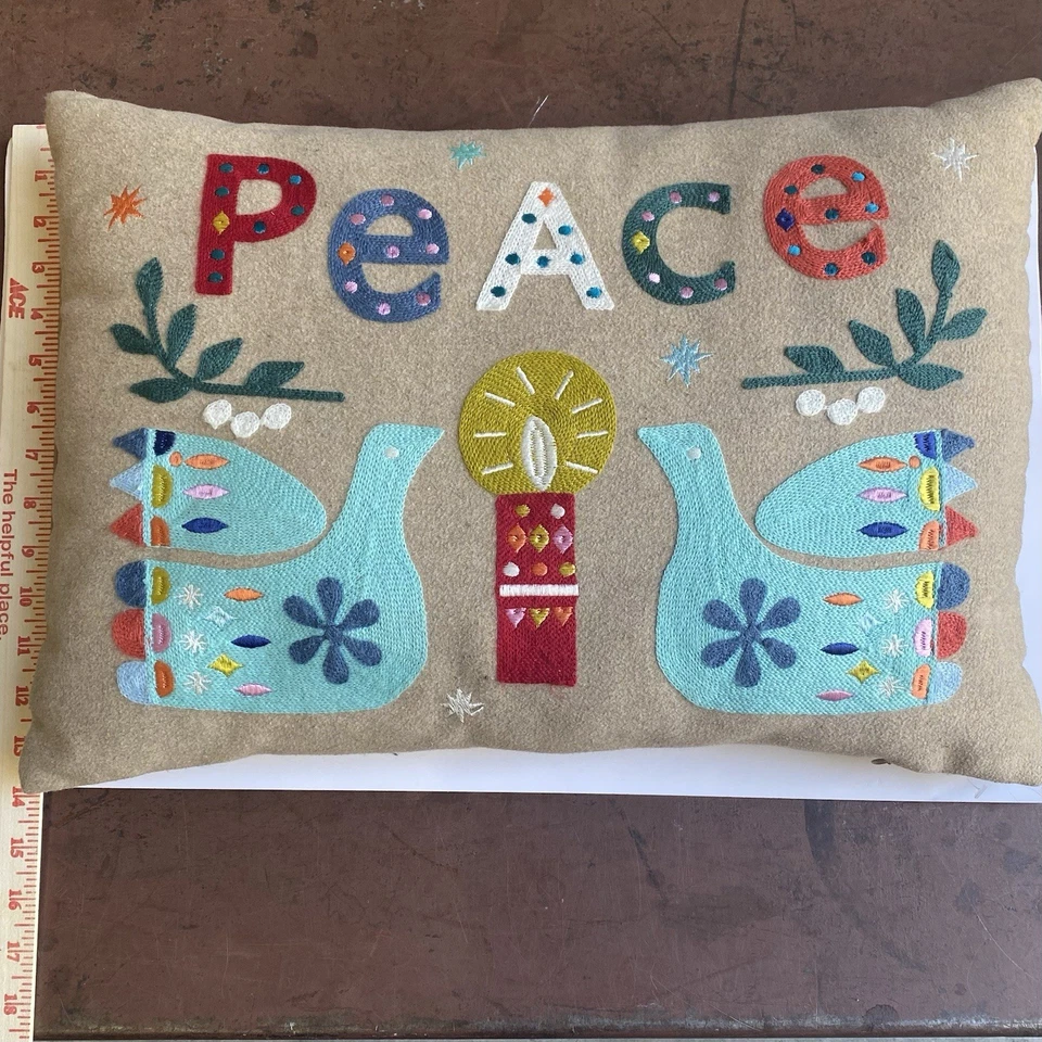 Rectangle Decorative “Peace” Pillow With Two Colorful Birds And Candle In Center - Image 4 of 4