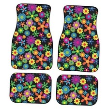 Hippie Flowers Car Mats Set of 4 Bright and Bold Floral Green Yellow Purple