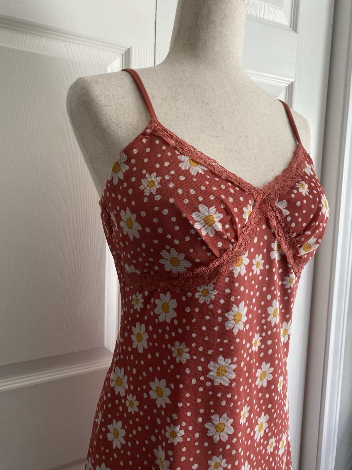 Y2K 90s Slip Dress Womens L Red Daisy Polka Dot Lace Fairycore Boho Cottagecore