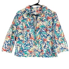 Coldwater Creek Womens Jacket Multi Watercolor Leaf Print Linen Blend Large