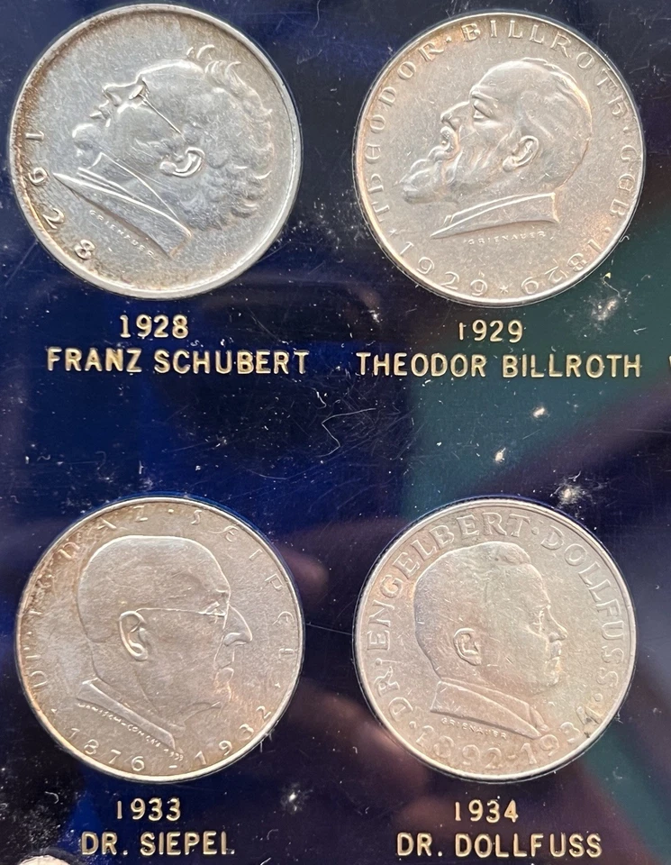 1928 -1937  AUSTRIA MOZART, HAYDN, SHUBERT 2 SHILLING COMMEMORATIVE COIN SET - Image 3 of 4