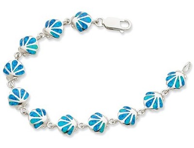 Sterling Silver Lab Created Blue Opal Sea Shell 7 Inch Bracelet