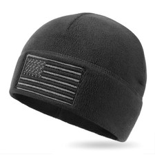 OUTDOOR SHAPING American Flag Fleece Beanie with Embroidered One Size, Black