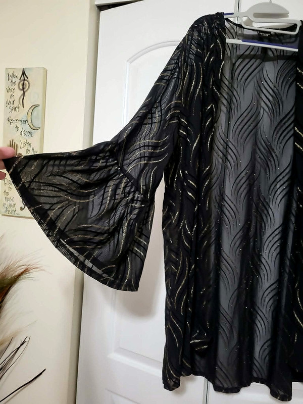 La Vanya Woman Black Gold Sheer Bell Sleeves Maxi Long Cardigan Top shirt 4X