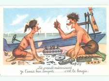 foreign Old Nautical Comic signed TRYING TO FIX BOAT ENGINE : clearance AC3692