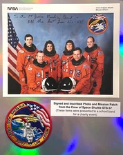 STS-57 PRIME MISSION CREW SIGNED AUTOGRAPHED LITHO CHARITY PATCH & BUTTON SCCS