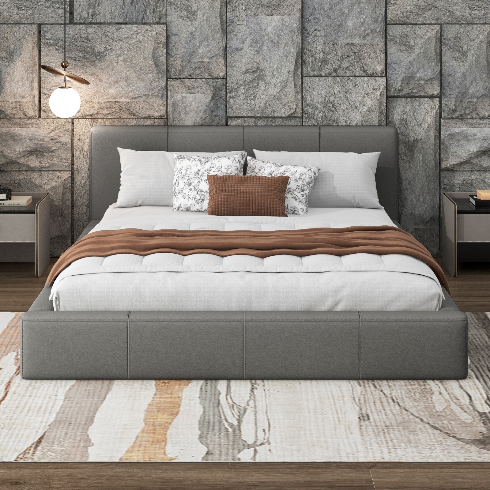 Modern Soft Gray Faux Leather Upholstered Bed Frame King/Que