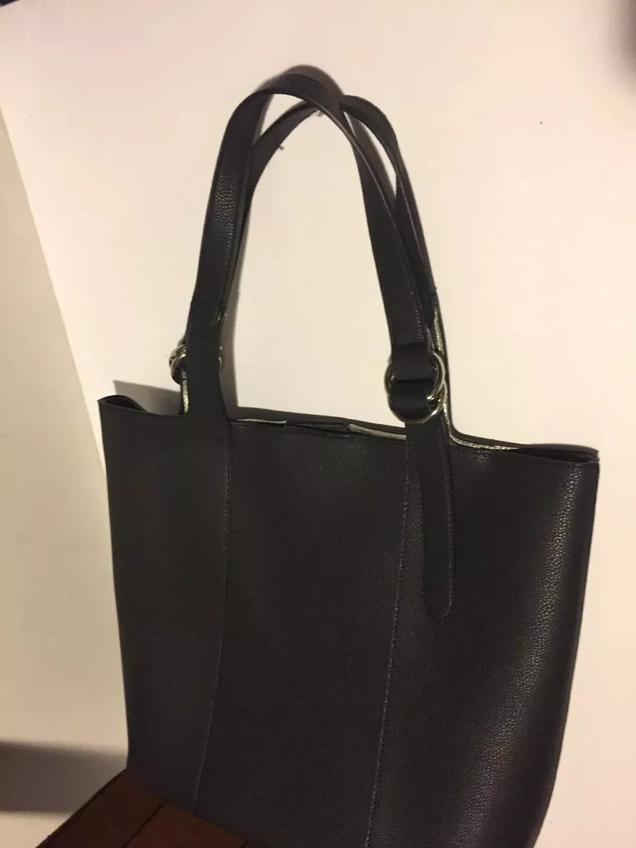 Nine West Black Faux Leather W silver Hardware Button Close Tote Bag