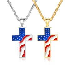 Men's Stainless Steel American USA Flag Cross Pendant Necklace With Wheat Chain