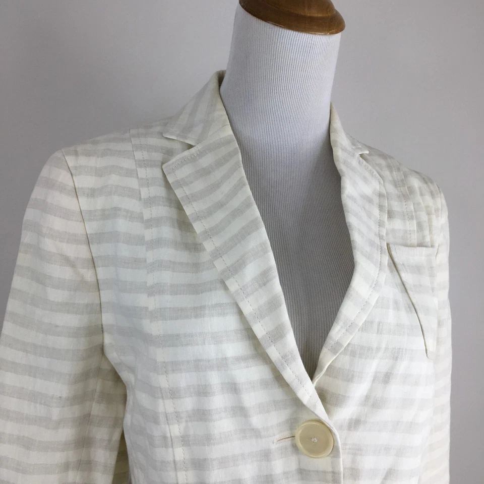 AKRIS PUNTO Cream Heather Gray Striped 100% Linen Blazer Jacket Womens sz 8 - Image 4 of 4