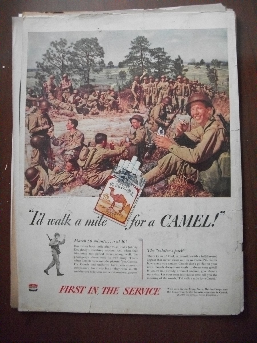VTG 1944 Original Magazine Ad Cigarettes WW2 I'd Walk A Mile For a Camel  Army