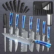 Kitchen Knife Set Damascus Pattern Chef Knives Stainless Steel Cleaver +Block