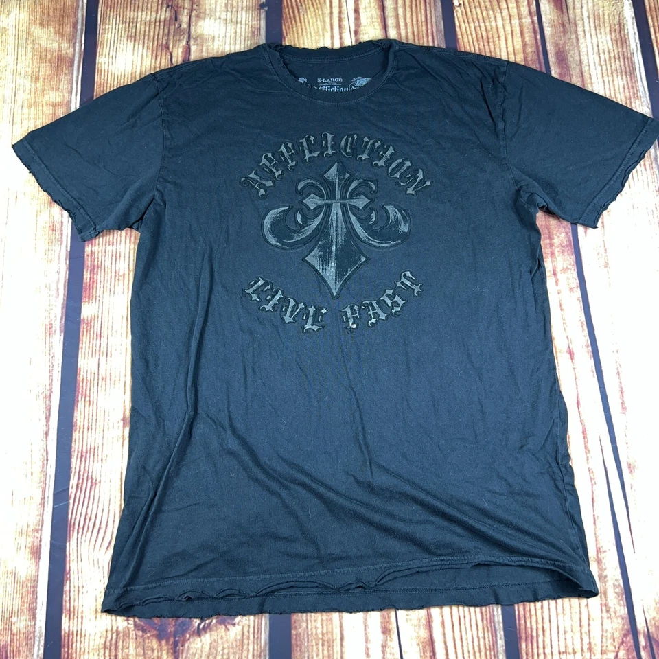 Camiseta Affliction Para Hombre XL Negra Plateada Envejecida Viva Rápida Ráfaga Alas Flor Foto 3 de 4