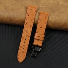 18mm Tan Brown Flat Genuine Ostrich Leather Watch Strap Black Deployment Buckle