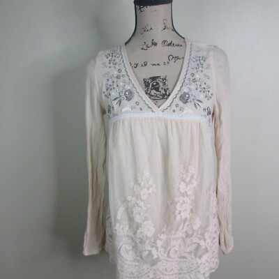 Jolt Blouse Beige S Lace Overlay Floral Long Sleeve