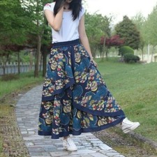 Women Cotton Linen Long Skirt Print Asymmetrical Skirts Beach Ethnic Fashion