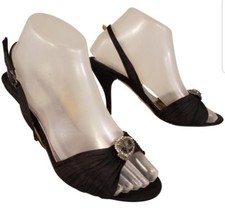 BADGLEY MISCHKA BRIDE SATIN BLACK GLASS STONE SHOES SIZE 7 M