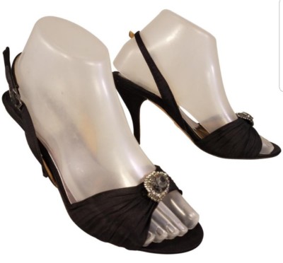 BADGLEY MISCHKA BRIDE SATIN BLACK GLASS STONE SHOES SIZE 7 M 