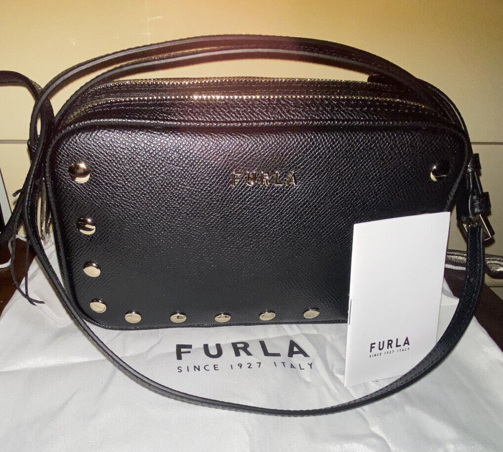 New FURLA Black Studded Crossbody Camera Bag Leather Purse New FURLA Black Studded Crossbody Camera Bag Leather Purse