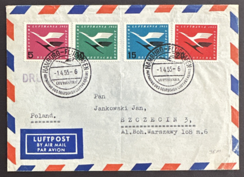Germany 1955 Sc # C61-C64 2nd Day Cancel Airmail Cover Lufthansa Hamburg Poland