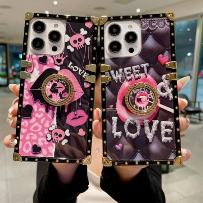 For iPhone 16 Pro Max 15 16e 14 13 12 11 XS Cute Crown Lips Rhinestone Ring Case