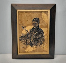 Pen & Ink Drawing on Peepal Leaf Thailand Tribes Mixed Media Art Signed Rom Vtg