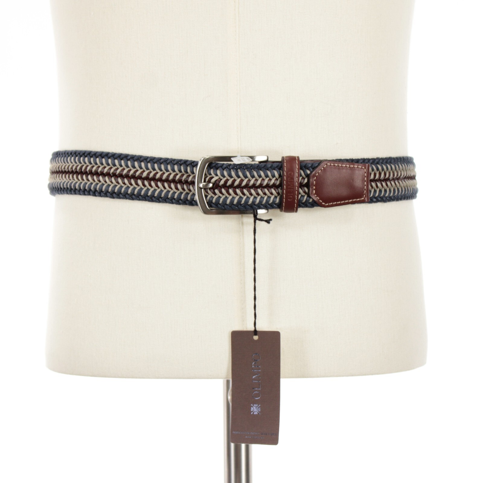 Cinturón de cuero tejido Olimpo nuevo con etiquetas talla 95 (36 EE. UU.) en azul/marrón/beige claro