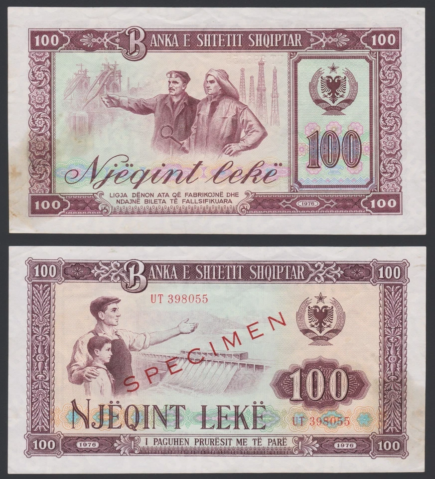 Albania 100 leke 1976 Hydroelectric Dam P46a Specimen aVF/XF w/Smudge - Image 2 of 4