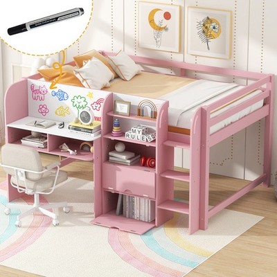Full Size Low Loft Bed with Desk,Cabinets ,Bookcase,Whiteboard for Graffiti