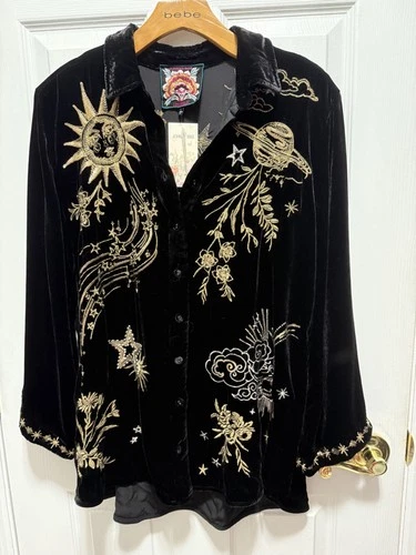 JOHNNY WAS Miaora CELESTIAL MOON STAR Black VELVET Kimono Sleeve Shirt - S - NWT
