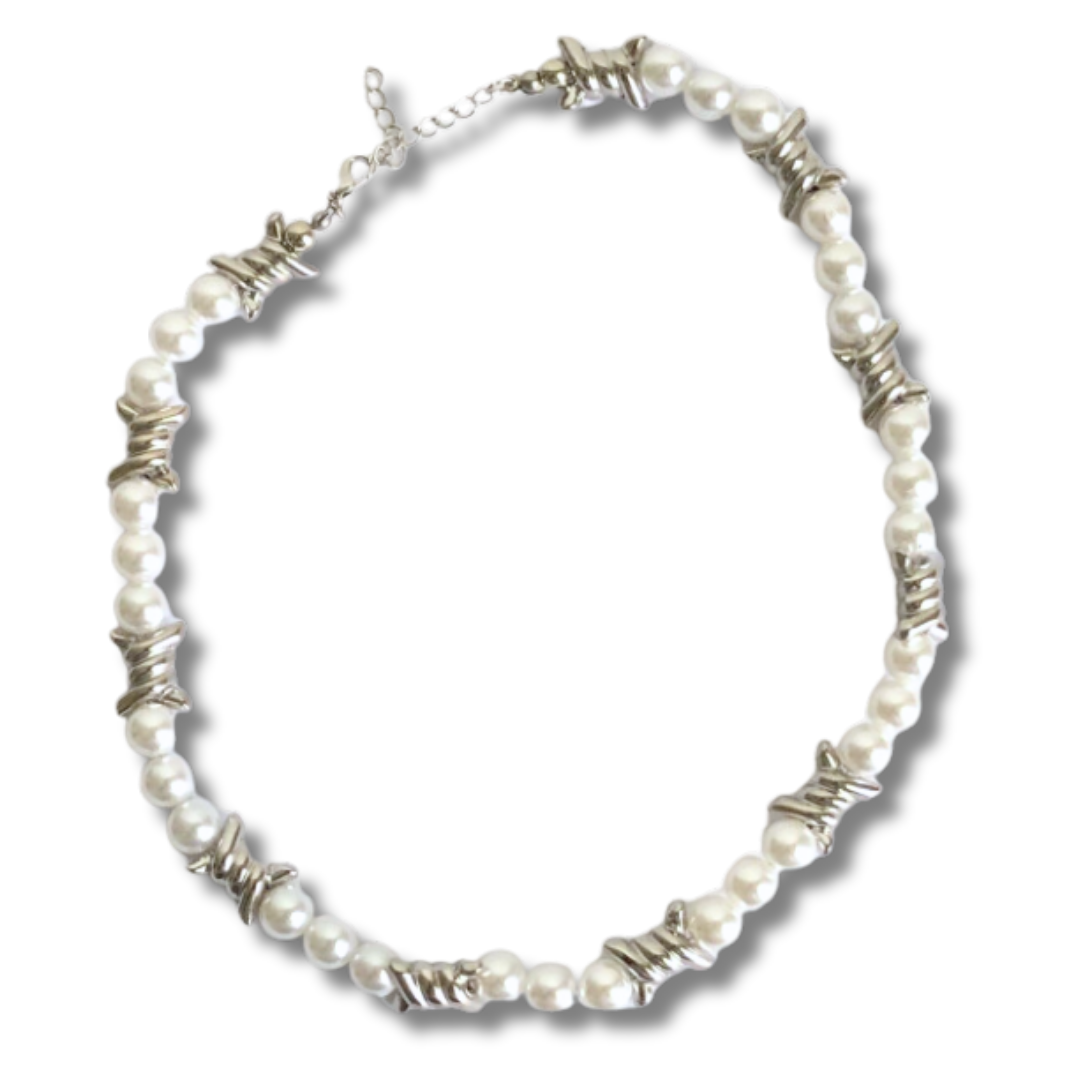 Barbed Wire Y2K  & Faux Pearl Necklace – Vintage Indie Festival Style