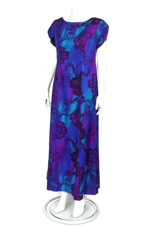 Vestido maxi vintage anos 60 WALTAH CLARKE'S havaiano Aloha roxo azul floral tamanho G/276 - Imagem 4 de 4