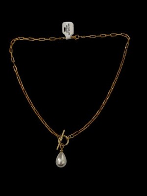 Gold Plated Danity Freshwater Pearl Paper Clip Toggle Chain Necklace Pendant NWT