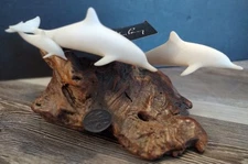 John Perry Dolphin Family Sculpture 3 White Resin Pod On Burl Wood With Tag