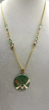 Green Enamel & Gold Tone Pendant Hand Beaded Chain Green & Pink Beads Made By ME