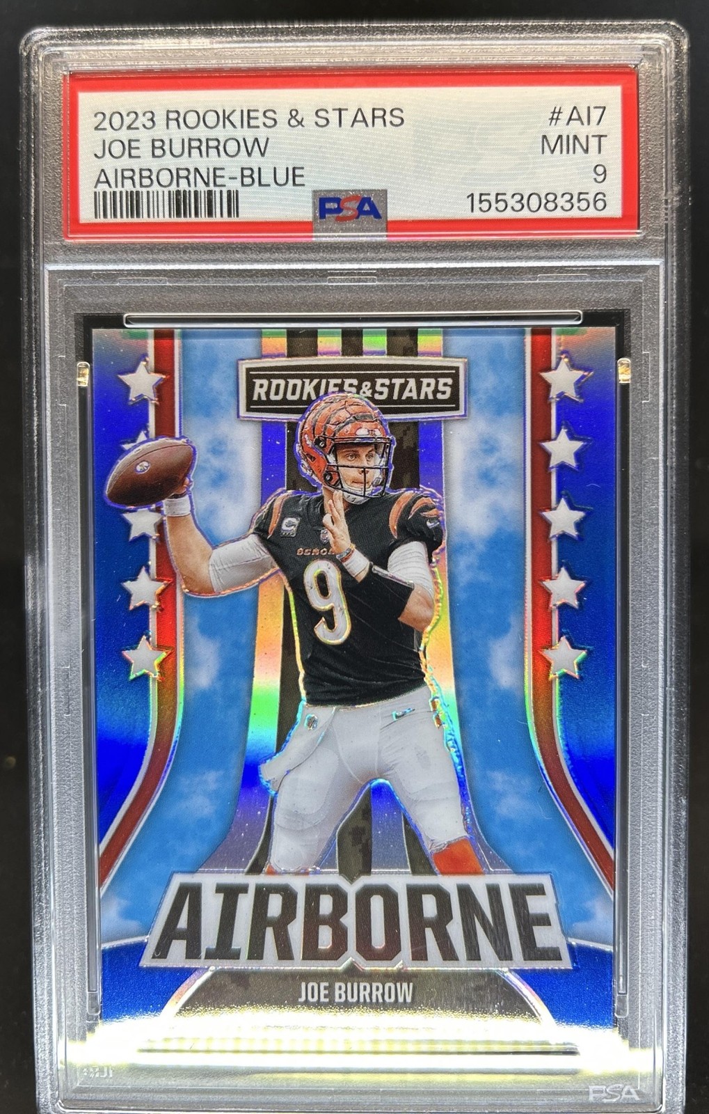 2023 Panini Rookies & Stars Joe Burrow Airborne Blue #/50 Bengals PSA 9 view 1